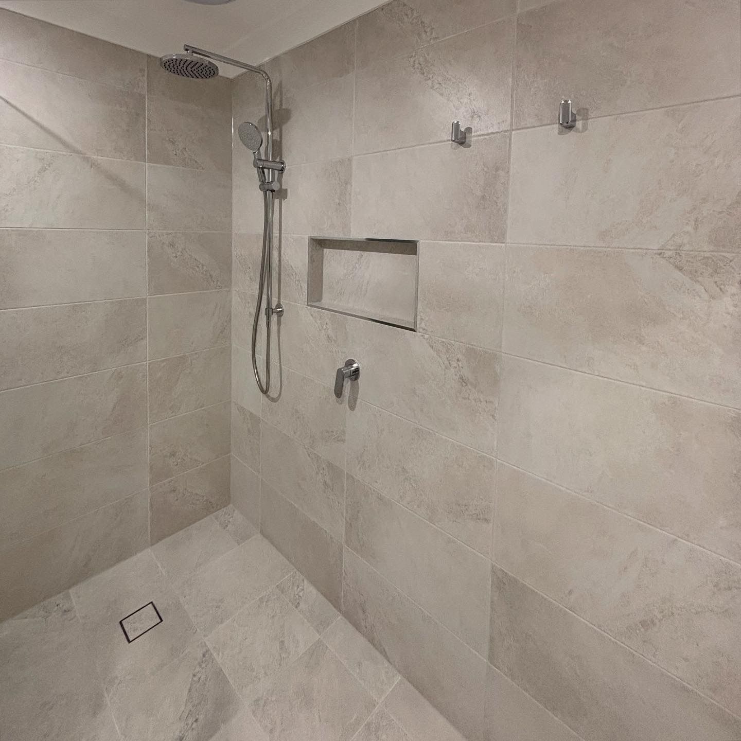 Tiled Shower With Handheld and Rainfall Showerheads — Edmonds Bathroom Renovations & Tiling In Port Macquarie, NSW