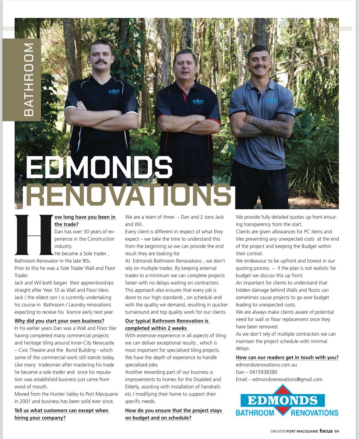 Three men with crossed arms standing in a lush outdoor setting, with Edmonds Renovations branding and text below.