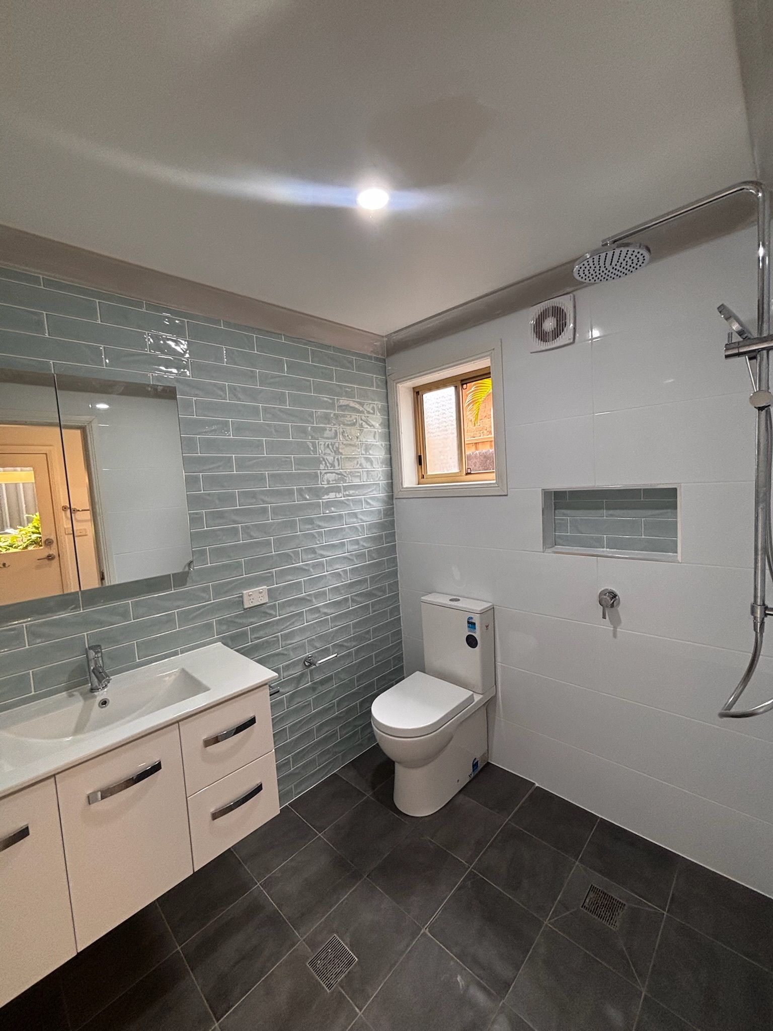Modern Bathroom With White and Blue Tile — Edmonds Bathroom Renovations & Tiling In Port Macquarie, NSW