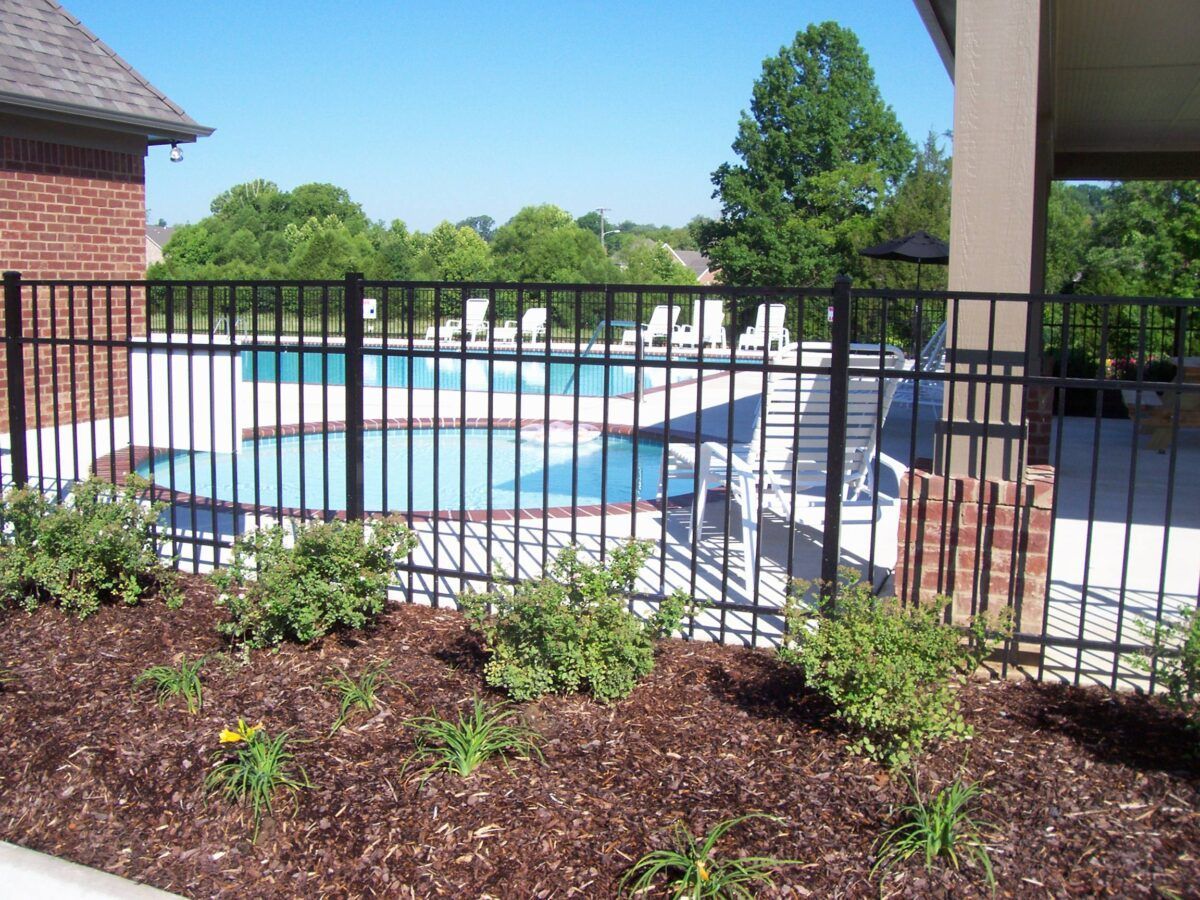 A black metal fence separates a mulched garden bed in the foreground from a sunny outdoor swimming pool area.