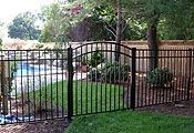 A black metal fence with an arched gate encloses a grassy yard and a swimming pool, set against a wooden privacy fence.