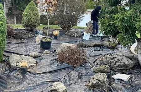 Man working on a garden bed covered in black liner, surrounded by rocks and plants.