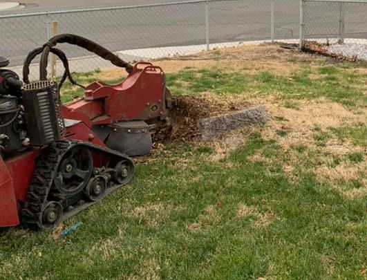 A stump grinder is sitting in the grass next to a fence.