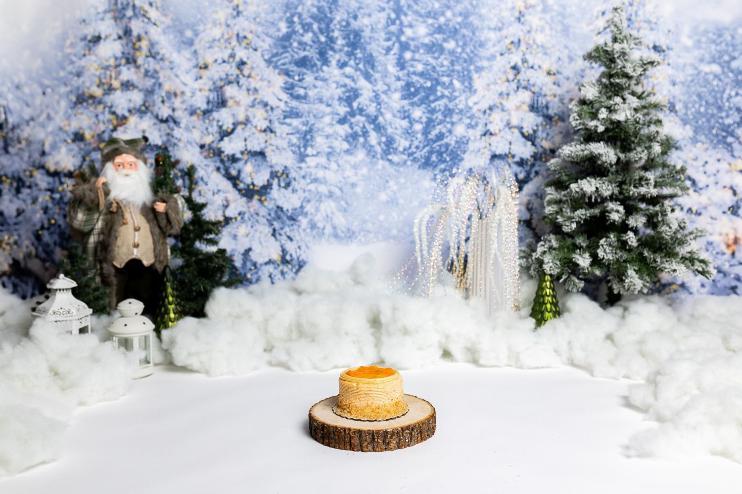 A cake is sitting on a wooden slice in front of a snowy forest.