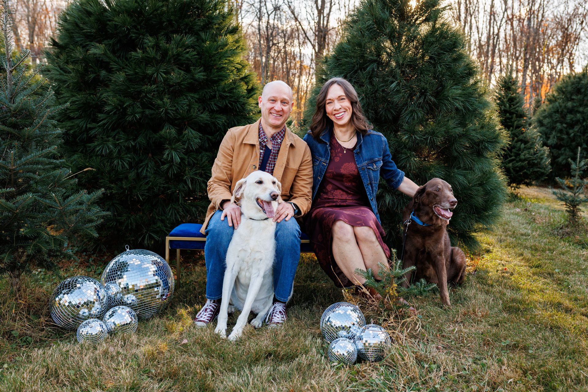 A man and woman are sitting on a bench with a dog.