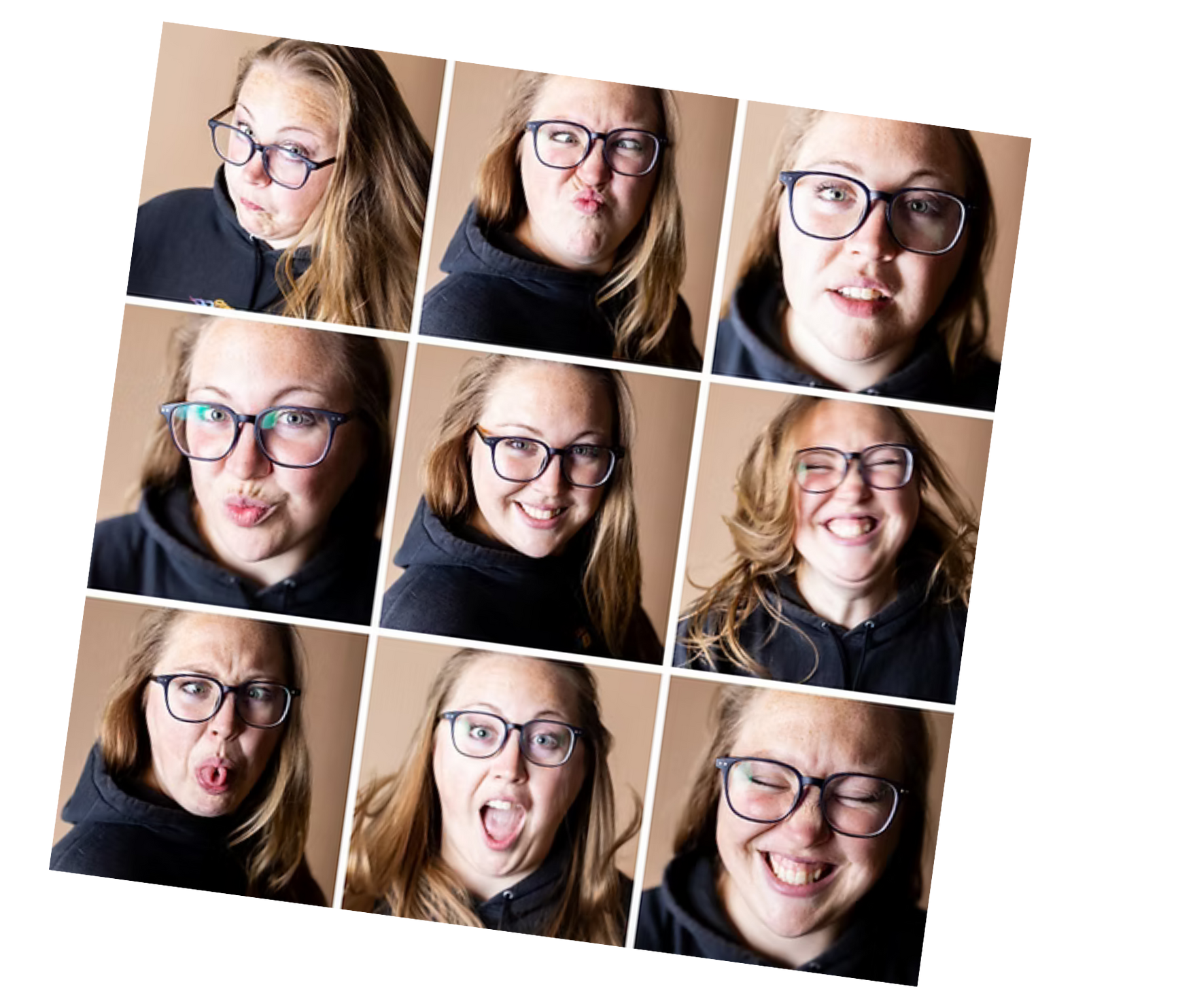 A woman wearing glasses is making many different faces.