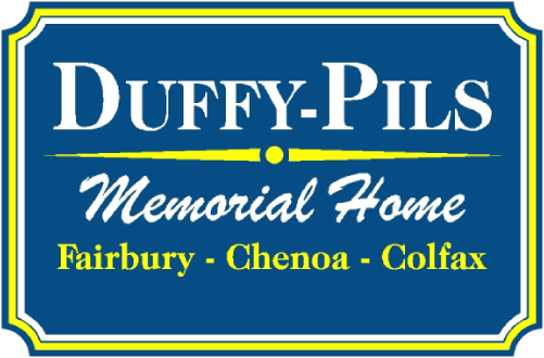 Logo for Duffy-Pils Memorial Home in blue, yellow, and white, with locations in Fairbury, Chenoa, and Colfax.