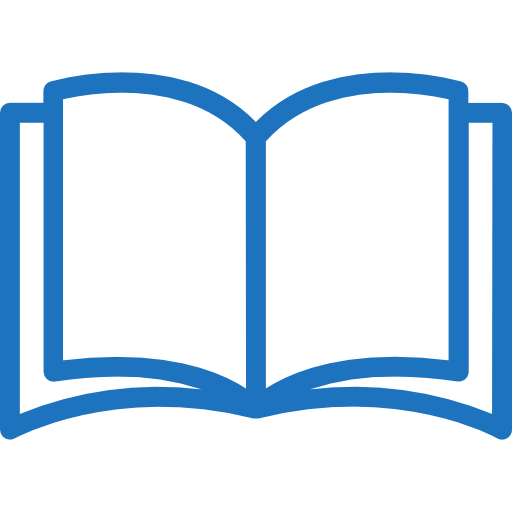 A blue icon of an open book on a white background.