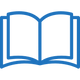 A blue icon of an open book on a white background.