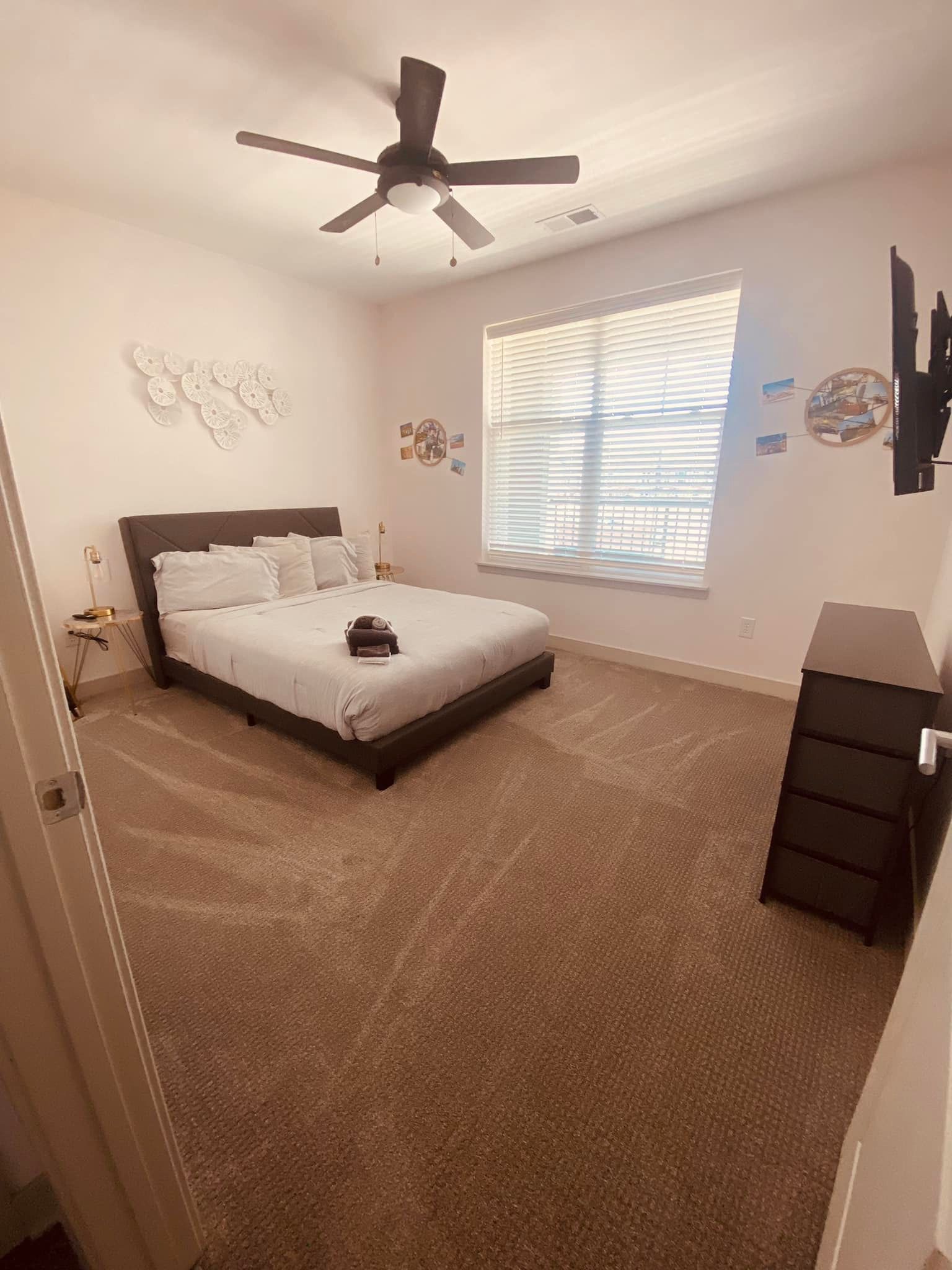 A bedroom with a bed , ceiling fan , dresser and television.