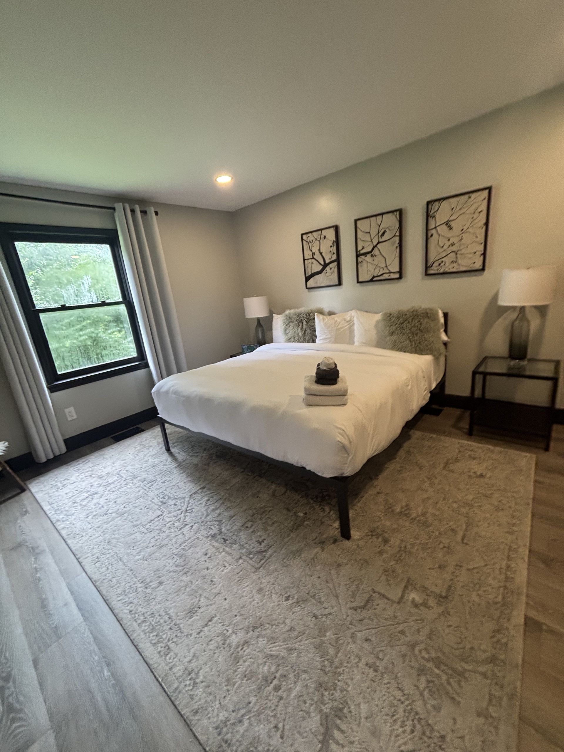 Bedroom with a bed, window, and art. Light gray walls, a rug, and dark furniture.