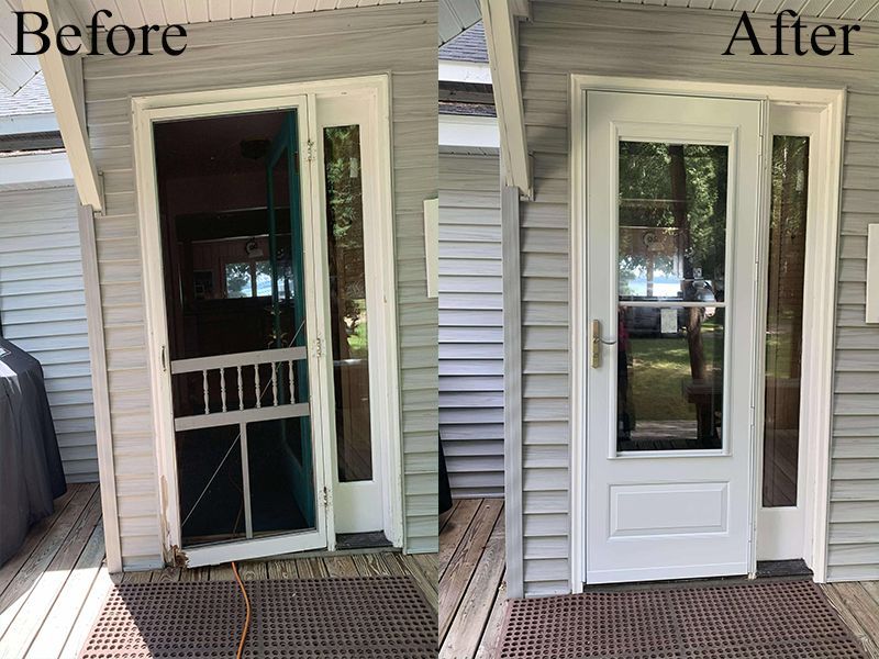 A before and after picture of a screen door on a house.