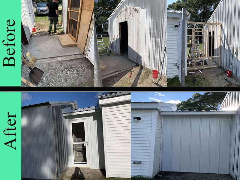 A before and after picture of a shed being remodeled