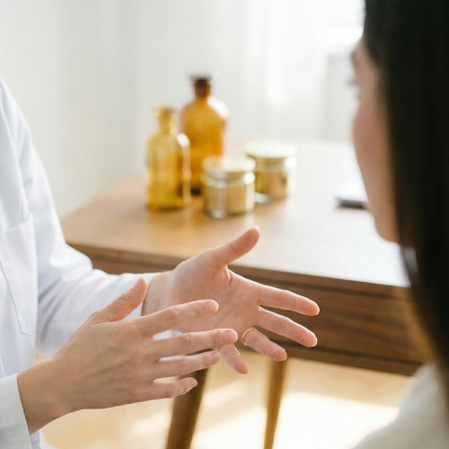 Médico gesticulando durante uma consulta, com frascos de remédio âmbar sobre uma mesa ao fundo.