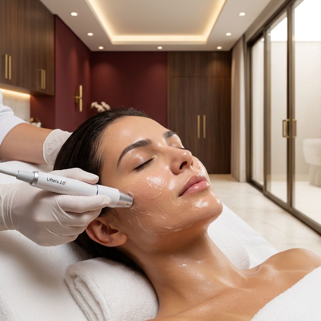 Tratamento facial em em clinica dermatológica, com uma esteticista usando um aparelho no rosto de uma mulher.