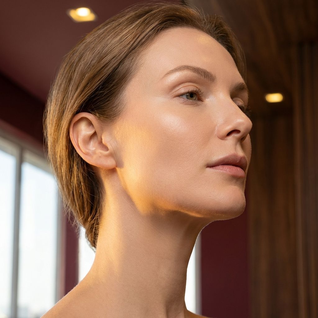 Perfil em close-up de uma pessoa sob luz quente de interior, olhando para a frente com uma expressão neutra.