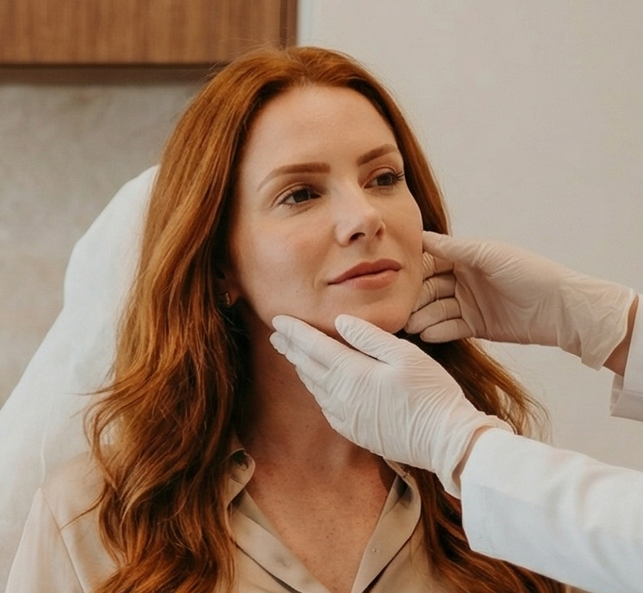 Mãos enluvadas examinando o contorno do queixo de uma mulher durante um tratamento facial em uma clínica.