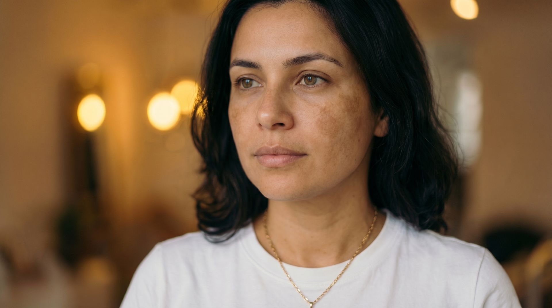 Primeiro plano de uma mulher com camisa branca,  com uma expressão neutra,com machas no rosto.