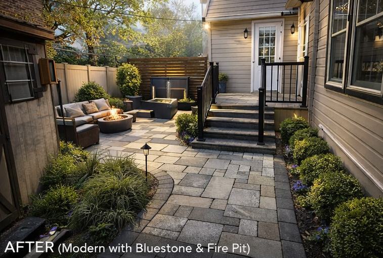 Modern bluestone patio with fire pit, seating, steps, and shrubs beside a house