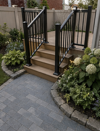 Short tan stairs with black railings leading to a raised patio in a landscaped garden.