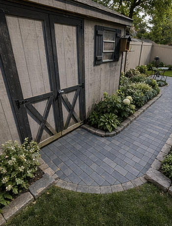 Backyard shed with double doors, paver walkway, and flower bed along the side.
