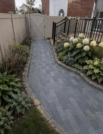 Curved stone garden path leading to a white gate, bordered by black railing and flowering shrubs