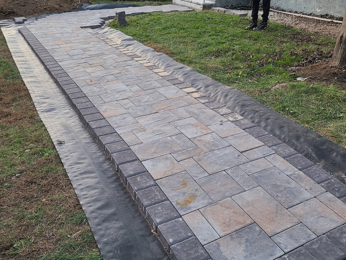 Stone paver walkway bordered by grass and concrete edging outdoors