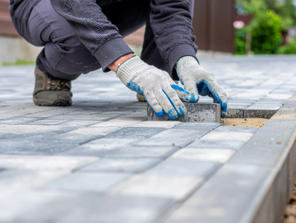 Gloved worker laying gray paving stones on an outdoor walkway