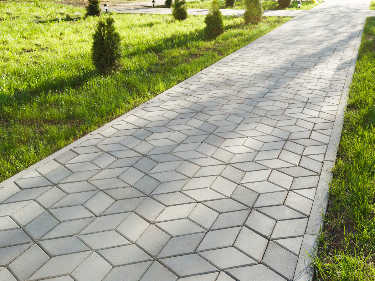 Paved stone walkway bordered by green grass and small shrubs in a sunny park