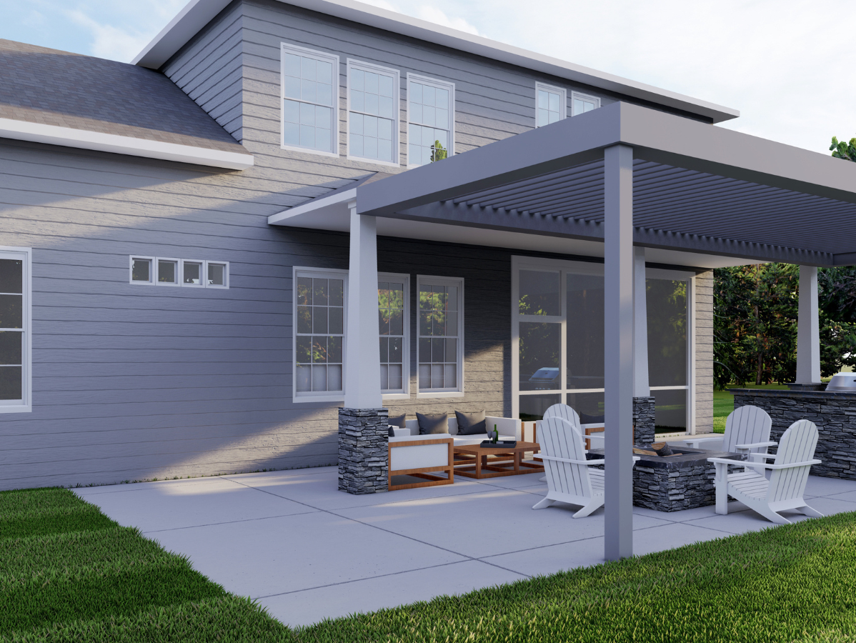 Modern gray house with a covered patio, outdoor seating, and green lawn