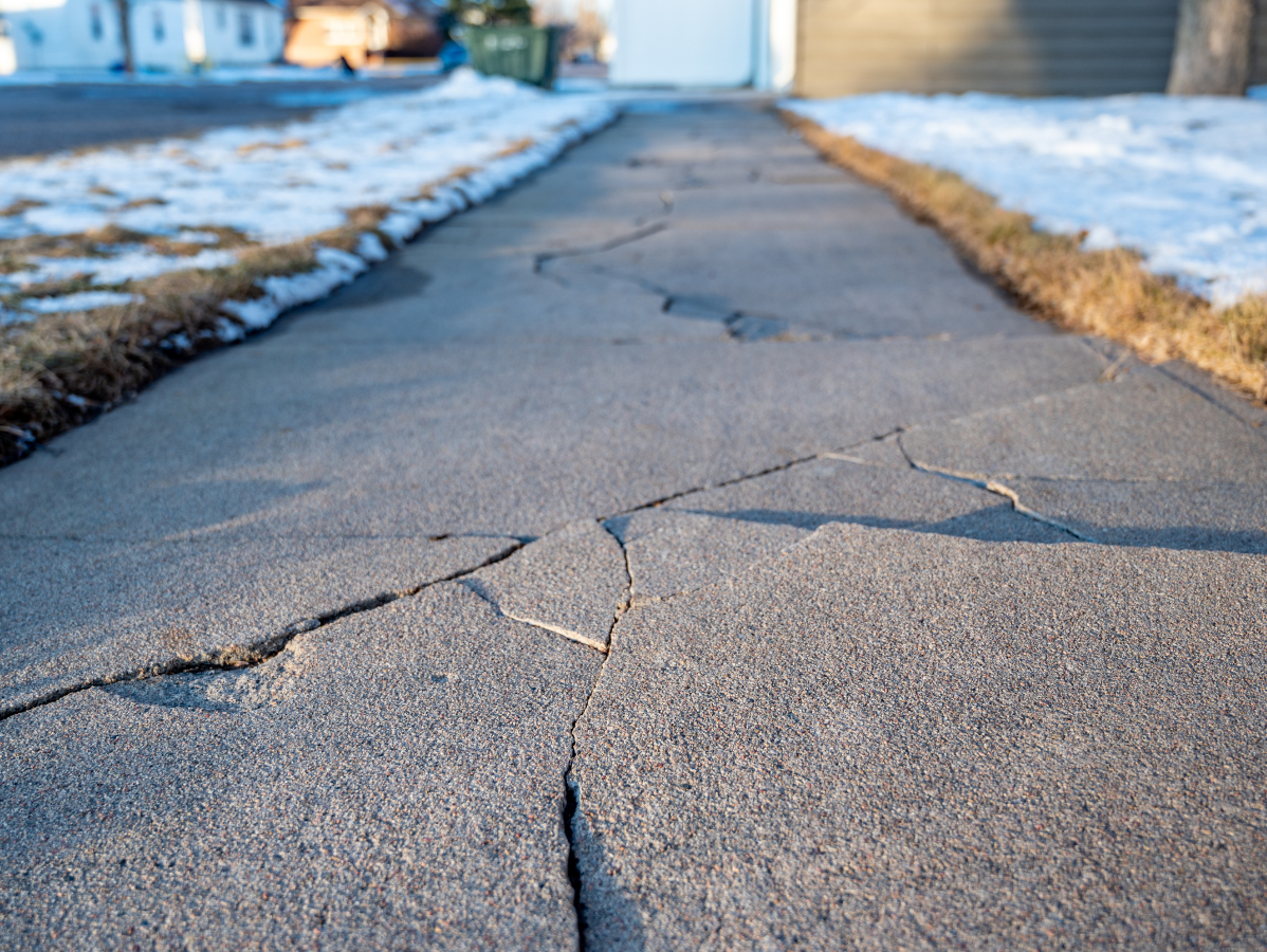Cracked sidewalk in a snowy residential area at dusk