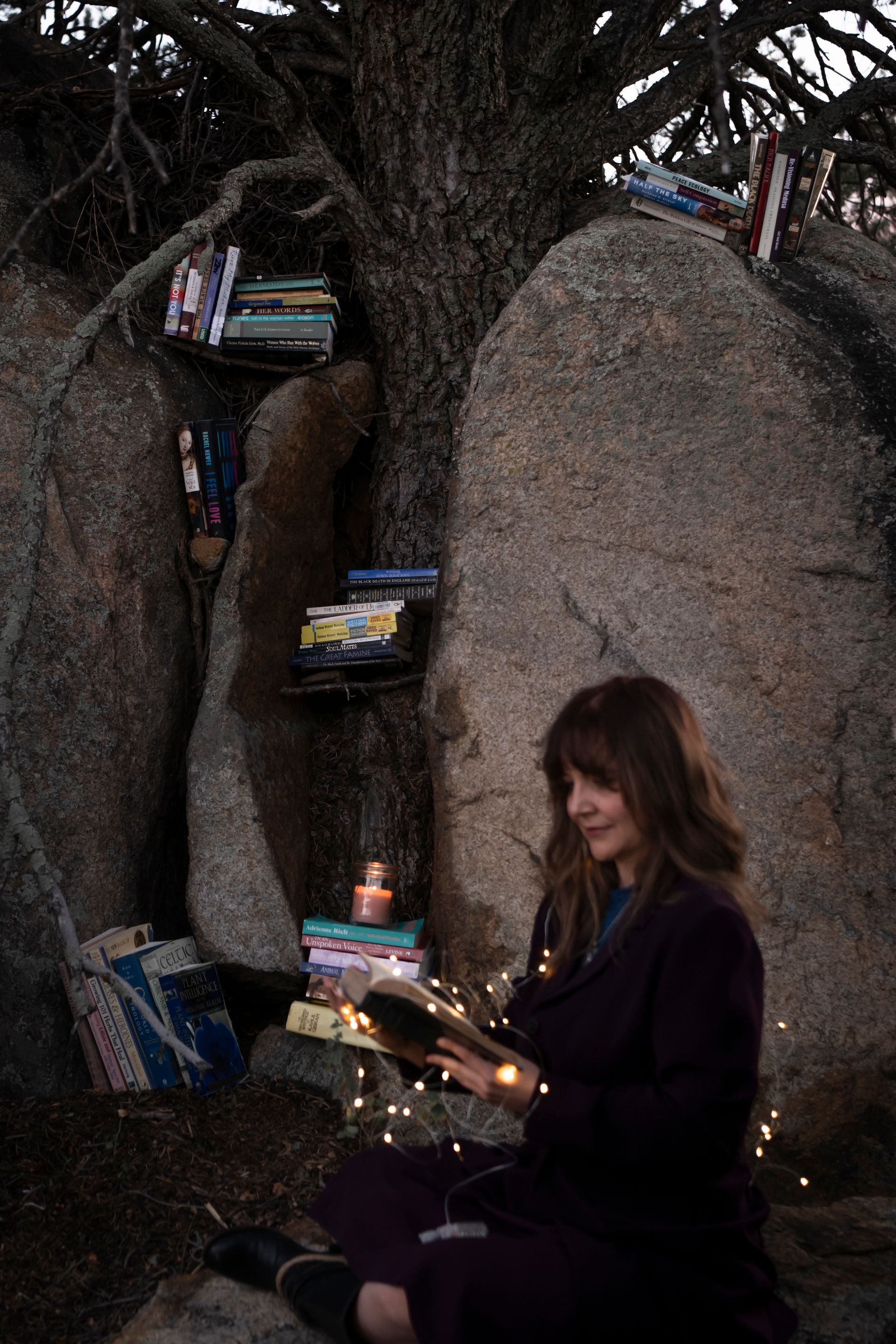 A woman is sitting under a tree reading a book.