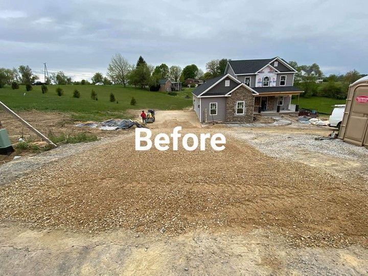 A dirt road leading to a house with the words `` before '' written on it.