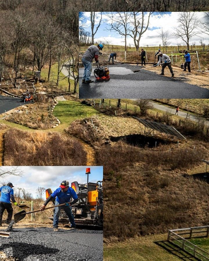 A collage of pictures of people working on a road