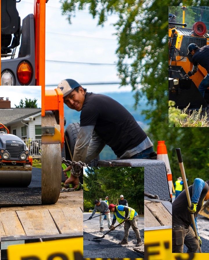 A collage of pictures shows a man working on a road