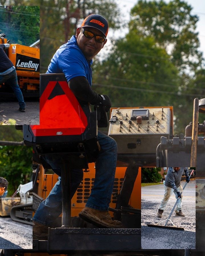 A man in a blue shirt is sitting on a leveling machine
