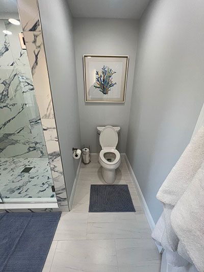 Narrow bathroom with a toilet, artwork, and a marble-tiled shower visible. Light blue walls and white flooring.