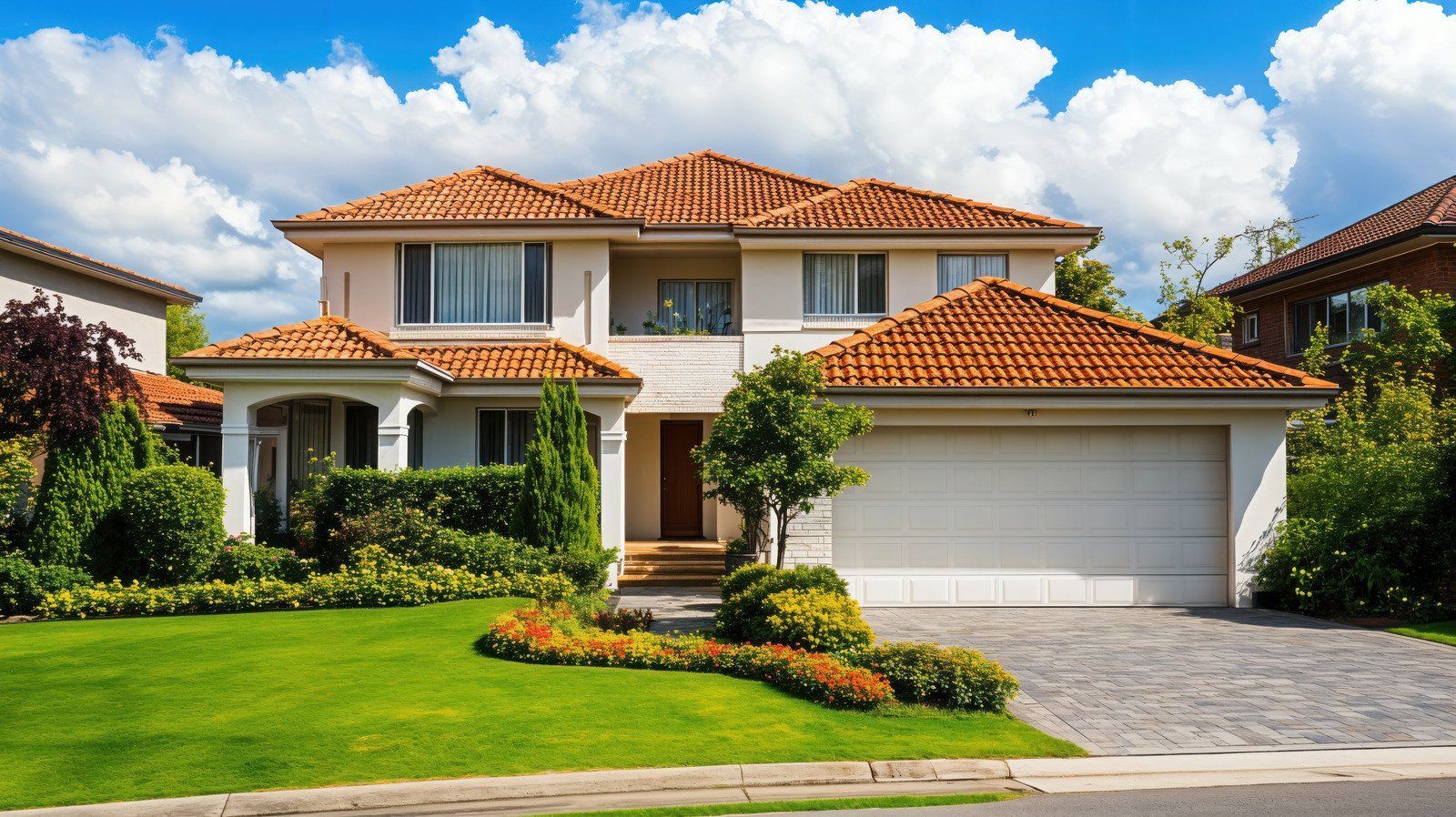 Two-story house with terracotta roof, white walls, and a two-car garage, on a green lawn with landscaped garden.