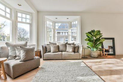 Living room with beige sofa and pillows, large windows, rug, potted plant, and mirror.