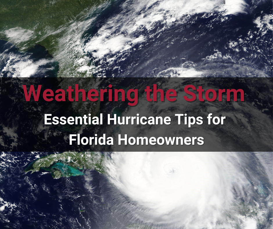 A hurricane with a banner across the image that says weathering the Storm: essential hurricane tips