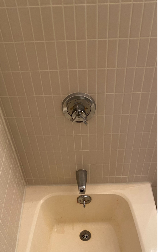 Tan bathroom with shower head and faucet above the bathtub, surrounded by tan rectangular tiles.