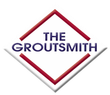 Logo for The Groutsmith, white diamond with red and blue text.