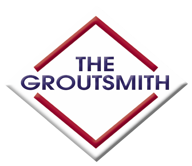 Logo for The Groutsmith, white diamond with red and blue text.