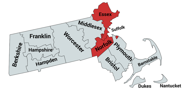 Map of Massachusetts with Essex and Norfolk counties highlighted in red.