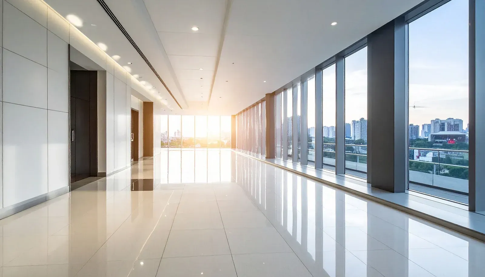 Empty, sunlit modern office hallway with large windows overlooking a city.