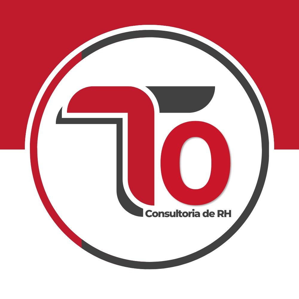 Logotipo circular em vermelho, cinza e branco com “T0” e o texto “HR Consulting” no centro.