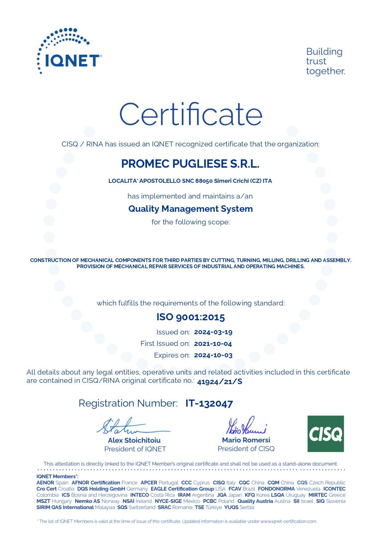 Certificato per PROMEDC PUGLIESE SRL per Sistemi di Gestione per la Qualità, certificato ISO 9001:2015.