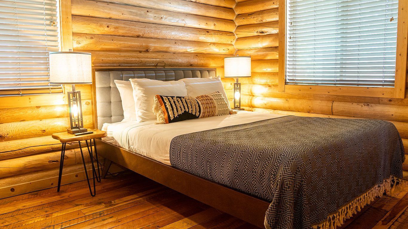 Bedroom with log walls and floor, a bed with decorative pillows, and two lamps on nightstands.