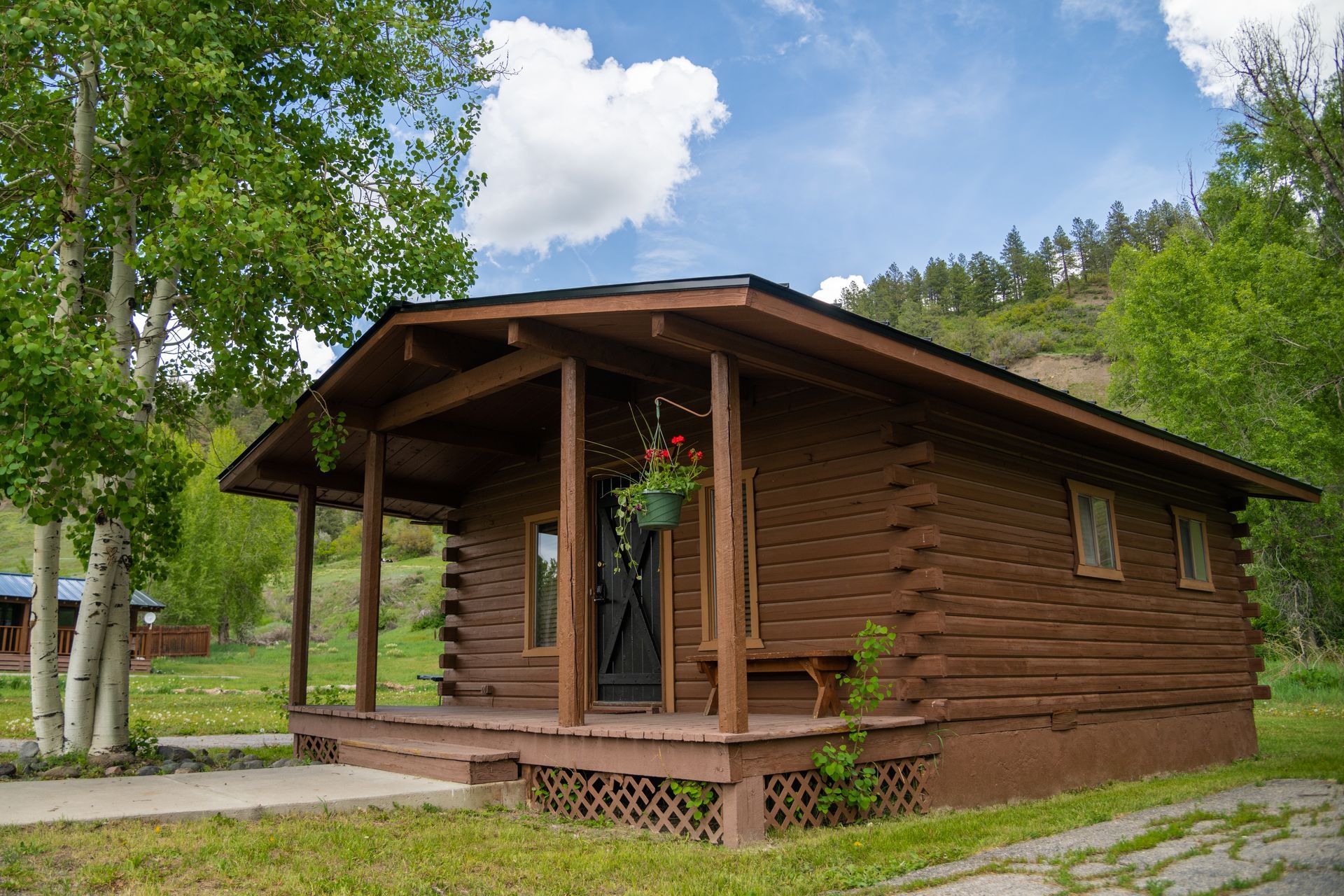 Brown log cabin with porch, surrounded by trees and greenery, against a backdrop of blue sky and mountains.