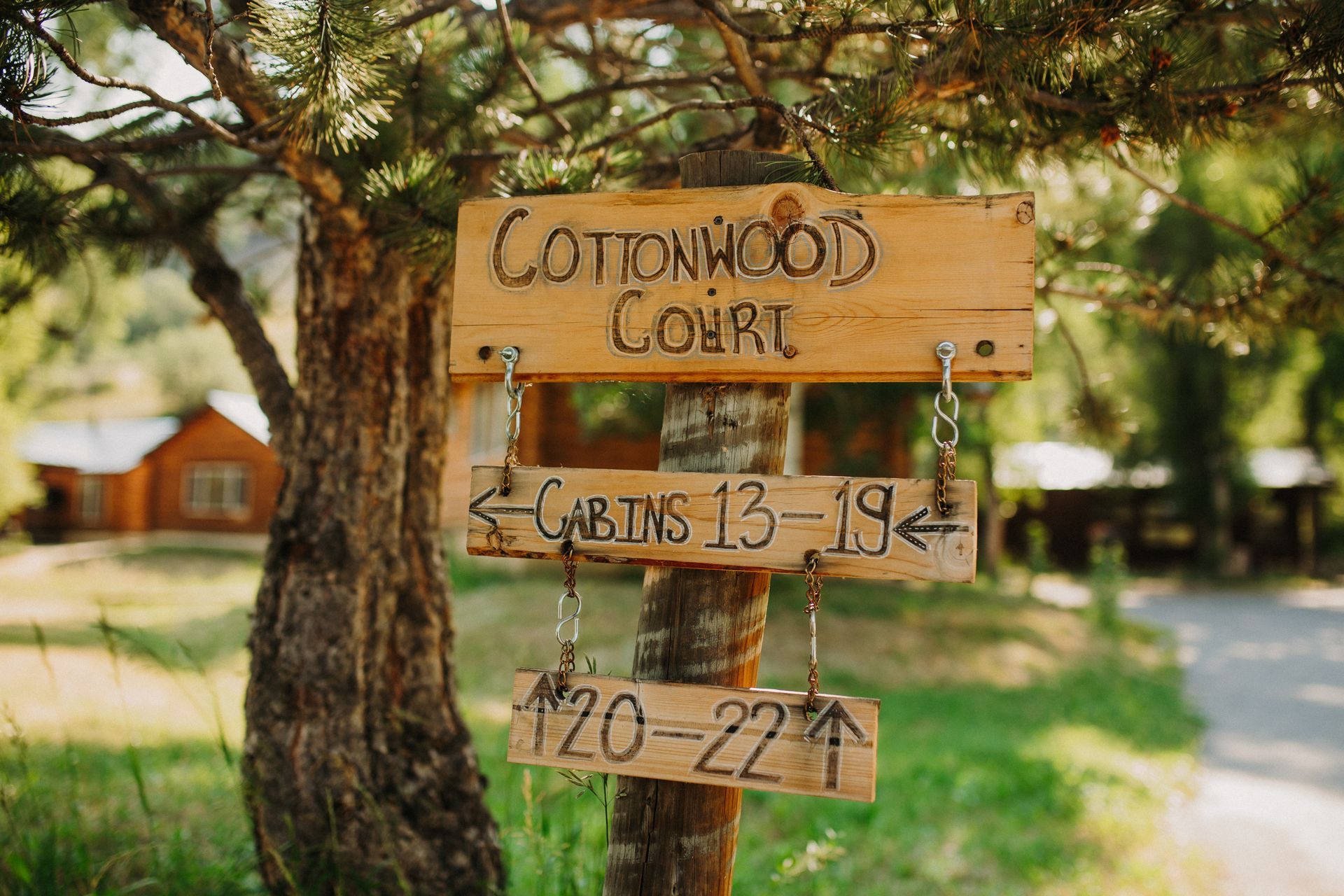 Wooden sign for Cottonwood Court, pointing to cabins 13-19 and 20-22; a cabin and trees in the background.